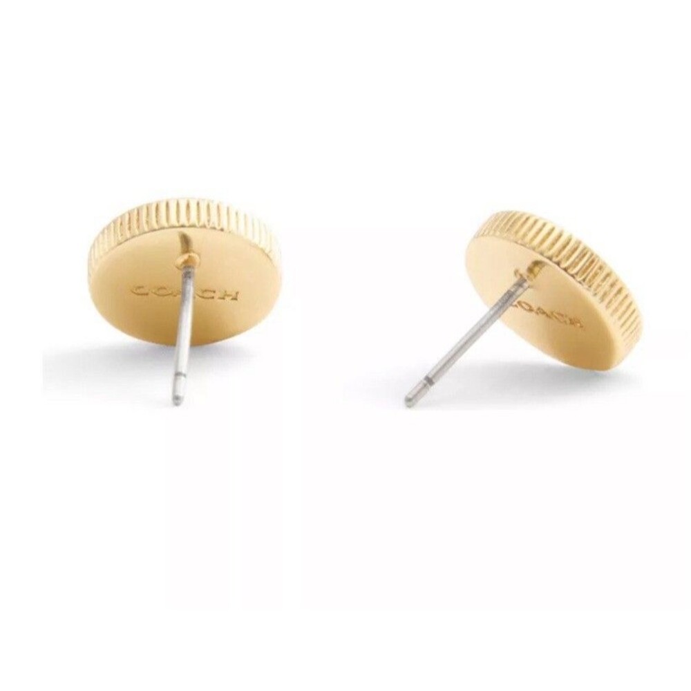 COACH STUD EARRINGS GOLD TONE Mother Of Pearl 0.4” NEW YORK SIGNATURE LOGO GIFT - Picture 3 of 14